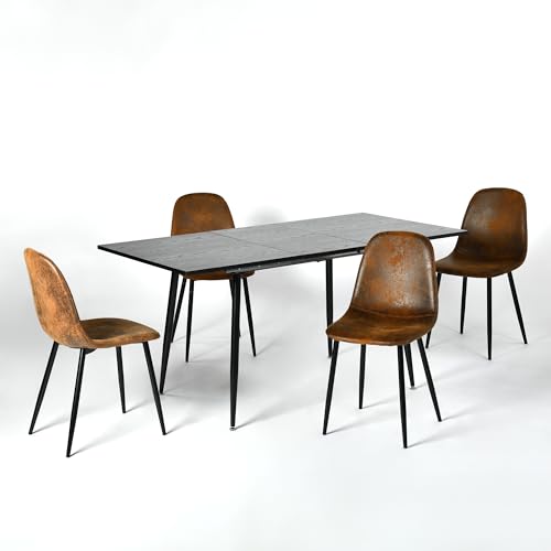 39F Furniture Dream Rectangular Set with 4 Set of 4 Chairs with Kitchen Table and Dining Room, MDF, Black/Brown, 120-160x80x75cm 52x40x86cm