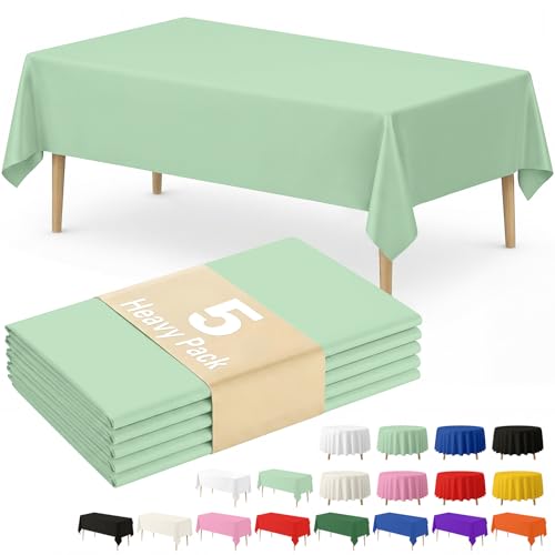 Fixwal Plastic Table Cloth Disposable 5 Pack, 54 x 108 Inch Table Cloths, Easter Party, Decorative Tablecloths, Rectangle, Light, Pastel Plastic Cover, Leakproof & Sturdy, Sage Green