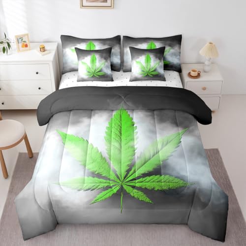 Erosebridal Cannabis Leaves Comforter Set Marijuana Weed Leaf Bed in A Bag Queen Size 7 Pieces Botanical Plant Bed Set Room Decor Grey Grunge Style Bedding with Sheets