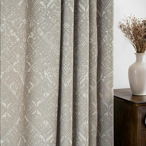 DriftAway Boho Linen Blackout Curtains Double Layer Thermal Insulated Crochet Farmhouse Vintage Retro Printed Pattern Lined Drapes for Living Room Bedroom 84 Inches Long Back Tab 2 Panels Beige