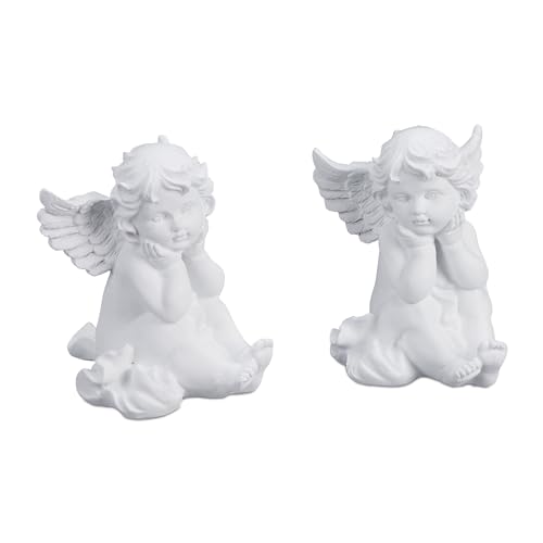 Relaxdays Grave Angel, Set of 2, Weatherproof, Frost-proof, HxWxD: 10 x 7 x 9 cm, Decoration, Guardian, Polyresin, White