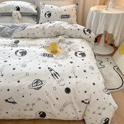 LIWHENHAO Black and White Kids Duvet Cover Set, 100% Cotton Bedding Home Collection, 1 Comforter Cover 2 Pillowcases (Full/Queen (90x90 Inch), Happy Planet)