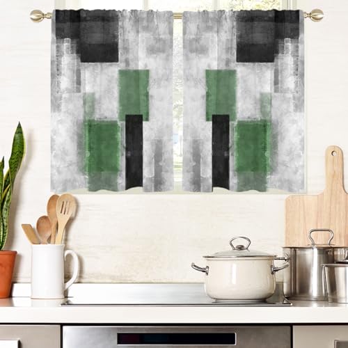 "AAtter Green and Black Window Curtains for Kitchen Grey Sliver Abstract Geometric Square Small Short Home Living Room Bedroom Bathroom Drapes Treatment Tiers Fabric 1 Pair, 27.5"" W x 39"" L, Modern"