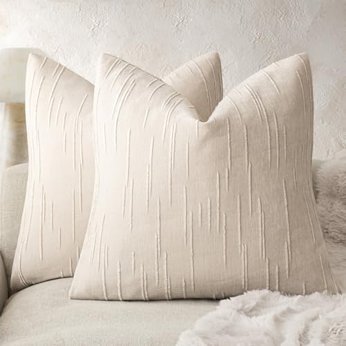 Foindtower Pack of 2 Slubby Textured Chenille Throw Decorative Pillow Covers Square Accent Solid Cushion Cover Neutral Farmhouse Pillow Case for Couch Sofa Bedroom Living Room 24x24 Inch,Ivory