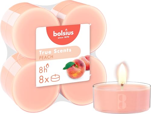 Bolsius - 8 Tea Lights Maxi Fragrance - Peach - Long Burn Time of 8 Hours - Indoor Candle - Natural Extracts - Vegan Wax - Palm Oil Free