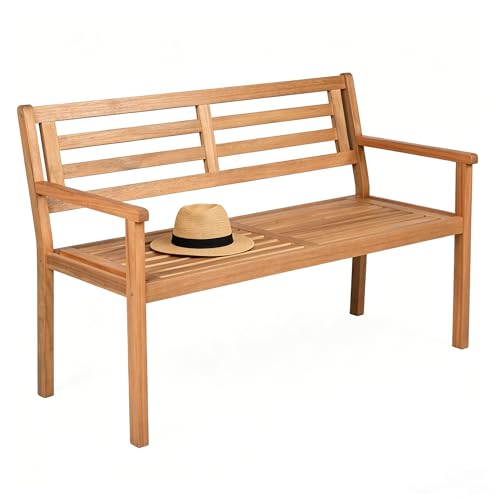 SFAREST 2 Seater Garden Bench, Outdoor Acacia Wood Loveseat, Patio Leisure Armchair Seat for Balcony Porch Poolside Backyard, 360kg Max Load (Slatted Backrest)