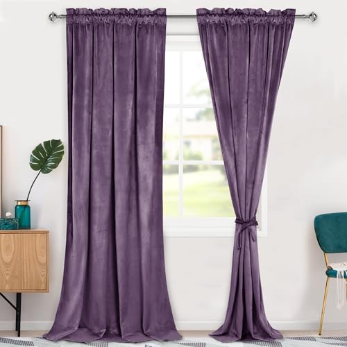 Hiasan Velvet Curtains 96 inch Blackout Rod Pocket Thermal Insulated Soft Curtains Room Darkening Window Drapes with Tiebacks for Bedroom Living Room, Set of 2 Panels, 42W x 96L, Lavender