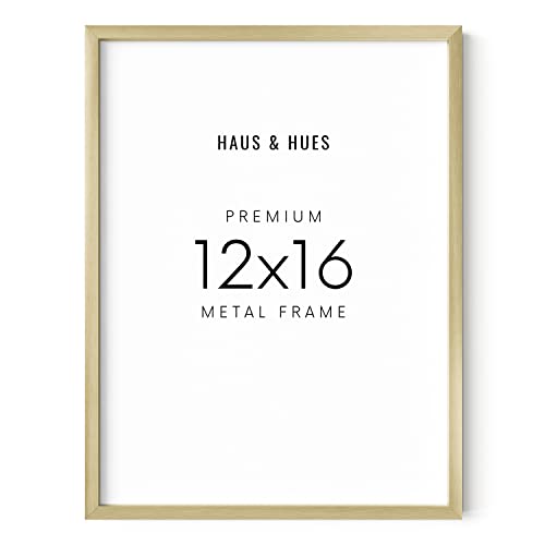 HAUS AND HUES 12x16 Gold Picture Frame - Set of 1 Gold Poster Frame, Gold Metallic Wall Picture Frame, Gold Certificate Frame, Gold Portrait Frame Poster, 12x16 Gold Frame Metal (Gold Aluminum Frame)