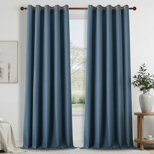 DONREN Total Blackout Linen Curtains 120 Inch Length for Bedroom Living Room, Farmhouse 100% Black Out Thermal Insulated Privacy Lightweight Grommet Curtain Panels, Denim Blue, W66 x L120, 2 Panels