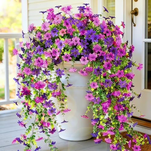 CCILAND Artificial Flowers for Outdoors Decoration, 2 PCS Fake Flower Plants UV Resistant Faux Hanging Spring Flowers for Home Porch Garden Patio Yard (Mix Light Purple and Purple)