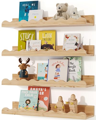 Seocry Kids' Bookshelf Set of 4 - Wood Floating Nursery Book Shelves, Picture Ledge Shelf for Wall Decor and Storage - Perfect for Books, Toys, Photo Frames, and Nursery Décor, XKJ0001
