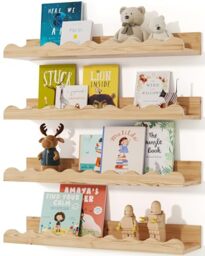 Seocry Kids' Bookshelf Set of 4 - Wood Floating Nursery Book Shelves, Picture Ledge Shelf for Wall Decor and Storage - Perfect for Books, Toys, Photo Frames, and Nursery Décor, XKJ0001