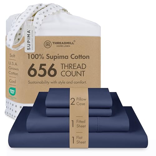 Threadmill 656TC Supima Cotton Cal King Sheet Set, Sateen, Folkstone Blue - 100% Supima Cotton, Sateen Weave, 4-Piece Set, 72x84 in, All-Around Elastic, Hotel Quality, OEKO-TEX Certified