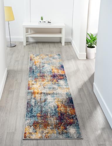 Rugs by Desire San Marino Modern Living Room Area Rug – Cut Pile Weaving - Jute Backing Abstract - Floral - Traditional Design Low Pile Rug, Multi Coloured, 60x220 cm
