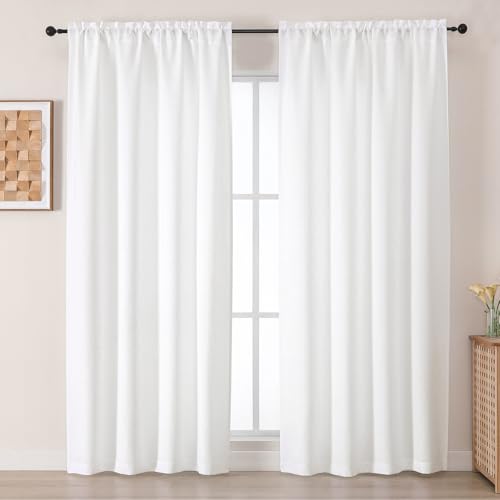 "Chyhomenyc White Curtains 84 Inches Long 2 Panels Set, Light Filtering Faux Linen Textured Curtains for Living Room, Soft Airy Farmhouse Rod Pocket Curtain for Bedroom, Each 50"" Wx84 L, 2PCS"