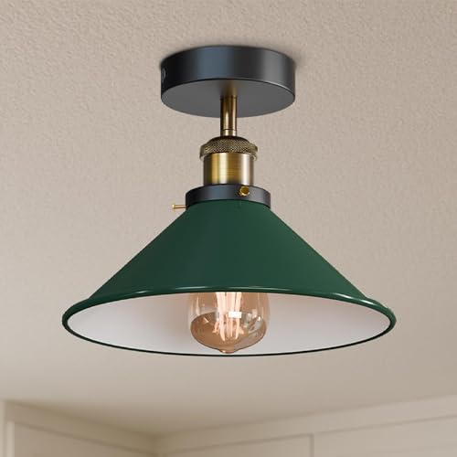 LEDSone Vintage Semi Flush Mount Ceiling Light with E27 Base 22cm Metal Green Cone Lamp Shade Lighting Fixtures for Farmhouse Kitchen Bedroom Livingroom with Bulb