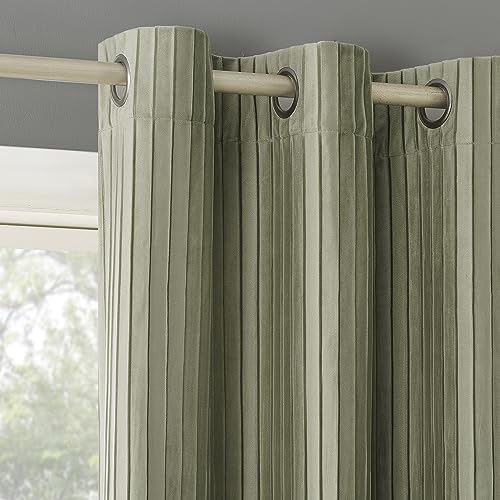 "Sun Zero Scarlett 2-Pack Pleated Velvet Noise Reducing Blackout Grommet Curtain Panel Pair, 40"" x 96"", Sage Green"