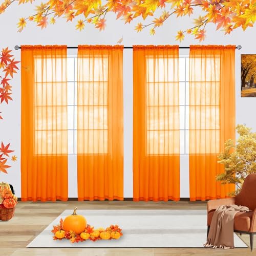 youleyar Solid Sheer Rod Pocket Curtain Voile Draperies 4 Panels White Beige Black Grey Ivory 52 Inch Width 96 Inch Long 1 Pair for Kitchen Bedroom Children Living Room Yard(Orange,52 W???96 L)
