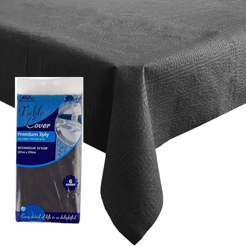 [6 Pack] Black Paper Tablecloth Disposable for Rectangle Tables, 54 X 108 Inch Party Table Cover with Plastic Backing, Waterproof 3 Ply Table Cloth for Wedding Banquet Event