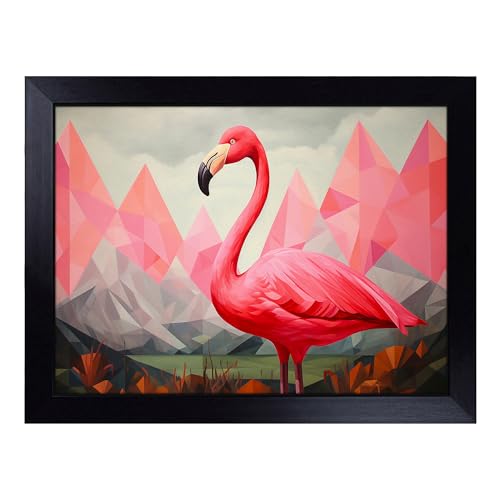 Lap Tray with Bean Bag Cushion, Flamingo Geometric - Handmade in the UK, Raised Wooden Edge, Padded Cushion, Heat-Resistant Wipe-Clean Surface, for Meals, Laptops and Crafts