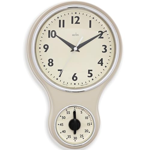 Acctim Kitchen Time Wall Clock Timer Quartz Retro Style Domed Glass Lens Cream 20cm, 1 - Pack
