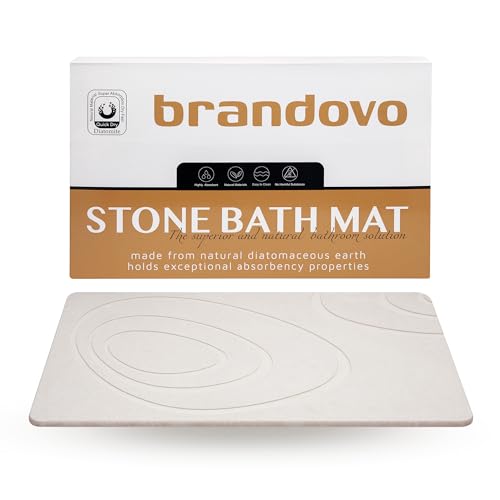 BRANDOVO Stone Bath Mat - White Bathroom Accessories - Luxury Dish Drying Mat for Kitchen & Bathroom Floors - Moisture Absorbing Diatomaceous Earth Shower Mat