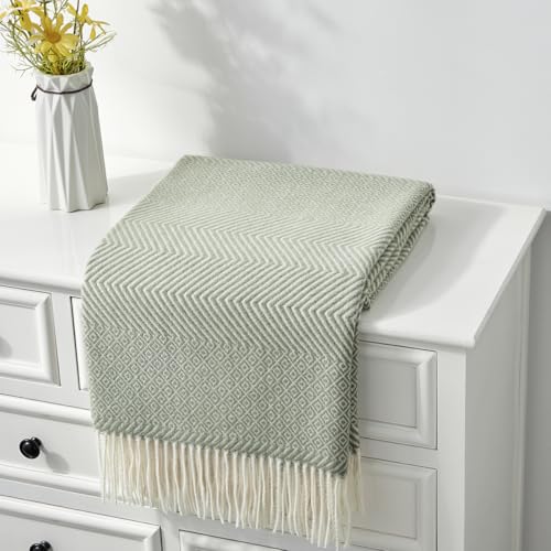 CREVENT 127cmX152cm Farmhouse Breathable Soft and Warm Classic Throw Blanket for Sofa Couch Bed, Faux Cashmere Home Decoration Throw with Tassles (Green)
