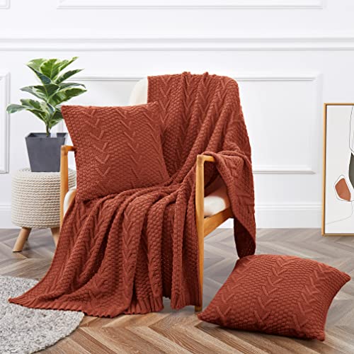 "Aormenzy Knitted Throw Blanket (50"" x 60"") and 2 Pillow Covers (18"" x 18""), 3 Piece Rust Throw Blanket Set, Decorative Throw Blankets for Couch Sofa Bed Living Room"
