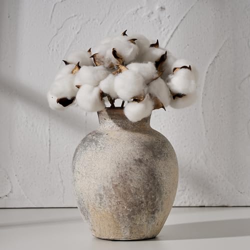 SIDUCAL Ceramic Rustic Farmhouse Vase - 6 Inch White Pottery Boho Decorative Flower Vase for Table, Living Room, Bathroom, Shelf, Mantel Decoration