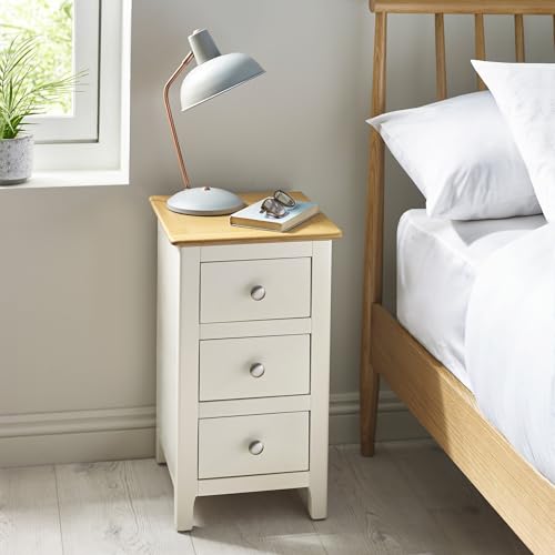 Julian Bowen Somerset 3 Drawer Bedside Table, White and Oak Compact Nightstand with Drawers for Bedroom, Living Room, Office - 57.5 x 34 x 35cm