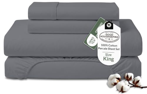 Royale Linens 100% Organic Cotton King Sheet Set - Percale Weave - 4 Pieces Set - 1 Flat, 1 Deep Pocket Fitted Sheet and 2 Pillowcases - Grey Bed Sheets - S??banas King - Crisp Cool (Grey)