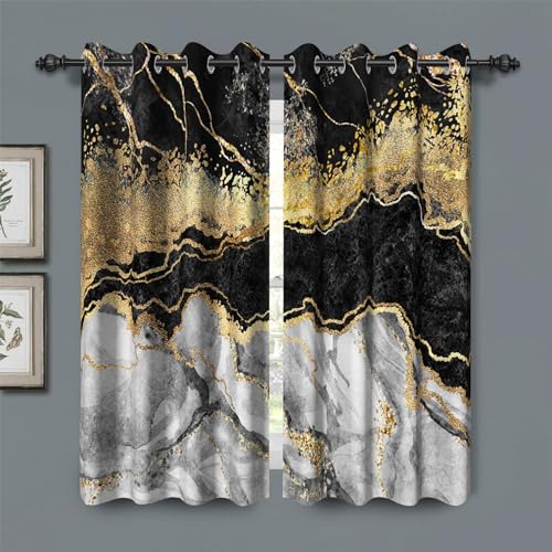 "Black Gold Gray Marble Blackout Curtains 45 inches Long,2 Panels 31""Wx45""L - Room Darkening Window Curtains,Polyester Thermal Insulated Drapes,Grommet Window Drapes,for Bedroom Living Room Dining Room"