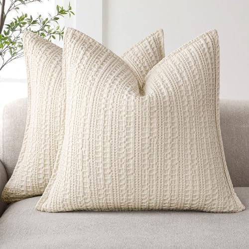 Foindtower Set of 2 Decorative Cotton Waffle Weave Throw Pillow Covers Euro Shams Cushion Covers Accent European Pillowcase for Bed Couch Sofa Bedroom Living Room Home Decor 22??22 Inch Natural Beige