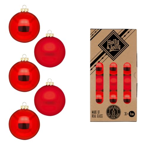 Holly & Jolly - Merry Red Christmas Baubles - Pack of 36 - Glass Christmas tree baubles, approx. 4 cm, Christmas tree decoration in red, matt and shiny, Christmas decoration for indoor