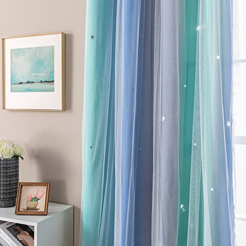 XiDi Curtains for Bedroom Decor, Rainbow BluGrenGrey-34-45 - 34 x45 inch, Blue Green Grey layered curtain, kids and girls bedroom decor, white sheer overlay,room darkening, grommet top