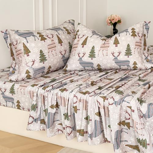 Zusbest Christmas Sheets Queen 100% Brushed Cotton Grey Flannel-Like Bed Sheets Set with Deep Pocket 17.5?????? Heavyweight 4PC, Button Pillowcases Extra Soft Breathable, Holiday Green Xmas Tree Deer