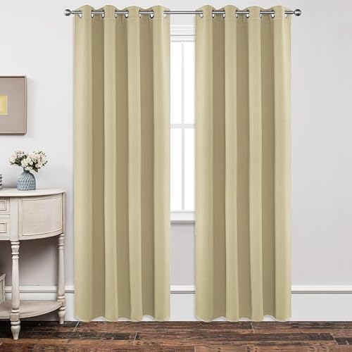 Joydeco Blackout Curtains 90 Inches Long 1 Panel, Thermal Insulated Long Curtains& Drapes 1 Piece, Room Darkening Grommet Curtains for Living Room Bedroom Window (W70 x L90 Inch, Beige)