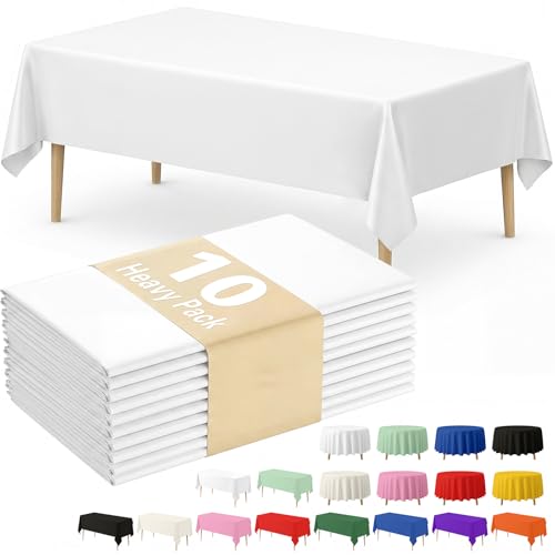 Fixwal Plastic Table Cloth Disposable 10 Pack, 54 x 108 Inch Table Cloths, Party, Picnic, Wedding, Decorative Tablecloths, Rectangle, White Plastic Cover, Leakproof & Sturdy, White