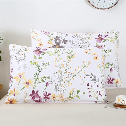 YOU SA Floral Design 2 Pillow Covers, Colorful Botanical 100% Cotton Pillowcases, Purple Yellow Flowers Pattern Printed (Queen Size, 20x30 Inches)