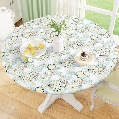 "misaya Round Fitted Tablecloth with Elastic Edge, 100% Waterproof Oil Proof Plastic Table Cover, Vinyl Flannel Backed Tablecloth Fits 45""-56"" Round Tables for Dinner, Outdoor, Picnic, Paisley Flower"