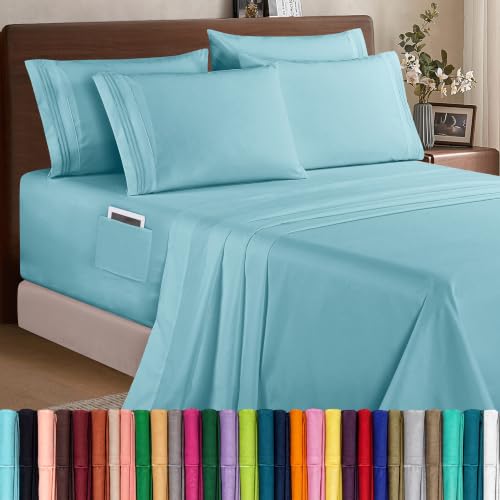 Elegant Comfort 1500 Premium Quality 6-Piece Bed Sheet Set - 18-24 Inch Extra Deep Pocket, Smart Storage Pockets, Wrinkle Free Ultra Soft 6PC Extra Deep Pocket Sheets, King, Aqua