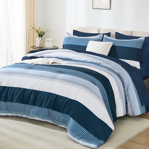 Andency King Comforter Set Navy - 7 Pieces Striped Bed in a Bag, Soft Microfiber All Season Patchwork Bedding Set with Comforter, Fitted & Flat Sheet, Pillowcases & Shams
