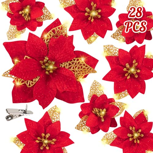 Geefuun Poinsettia Artificial Christmas Flowers Decorations Xmas Tree Ornaments Red Glitter Gold with Clips