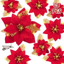 Geefuun Poinsettia Artificial Christmas Flowers Decorations Xmas Tree Ornaments Red Glitter Gold with Clips