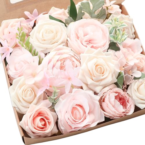 Floroom Cream Blush Artificial Flowers Fake Roses Peonies and Greenery Combo Box Set for DIY Pink Wedding Bouquets Bridal Shower Centerpieces Floral Arrangements Party Tables Home Decorations