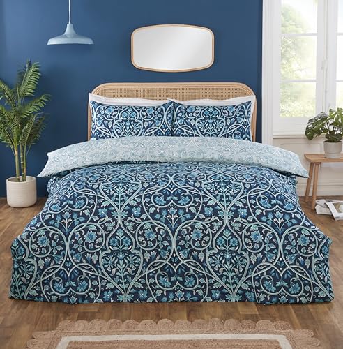 Rapport Home Harrow Microfibre Duvet Cover Set Single – Reversible Floral Vintage Damask Bedding – Soft, Easy Care 2-Piece Quilt Cover - Indigo Blue