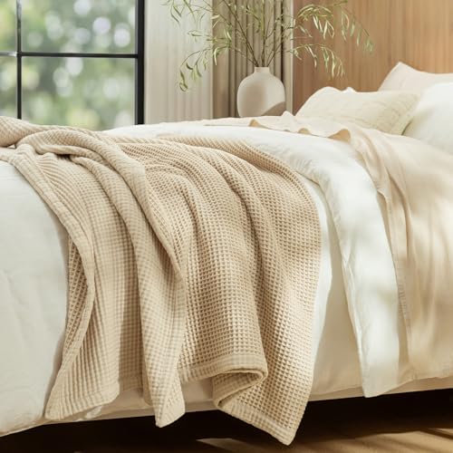 "PHF Reversible Waffle & Muslin Blanket 100% Cotton 400GSM King Size 104"" x 90"", Breathable Lightweight and Soft, Luxury Aesthetic Waffle Gauze Blanket for Home Decor, Oak"