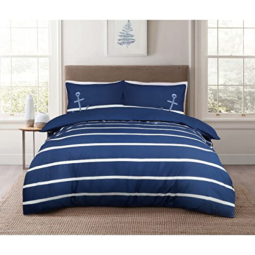 Sleepdown Sailor Striped Nautical Blue 100% Cotton Plain Reverse Duvet Cover Quilt Pillow Case Bedding Set Soft Easy Care - Double (200cm x 200cm), Navy White Stripe, (5056557507597)