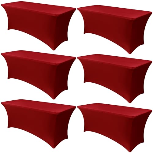 Obstal 6 Pack Stretch Spandex Red Table Covers for 8 Foot Tables - 8 FT Universal Rectangular Fitted Tablecloth Protector for Wedding, Banquet, Party, 96 Length x 30 Width x 30 Height Inches