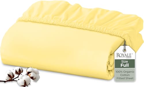 "Royale Linens 100% Organic Cotton Fitted Sheet - Percale Weave - Super Soft Deep Pocket Bottom Sheets - Elastic Sheet Full Size - Full Fitted Sheets Only - (54""x75""+15"", Yellow)"